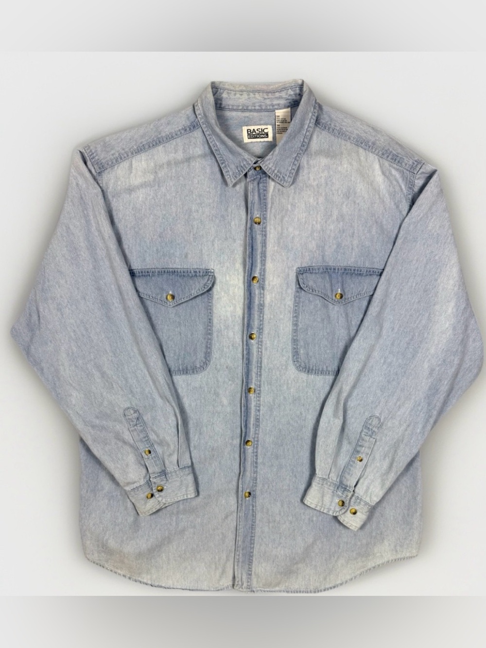 Vintage 90s Basic Editions Denim Shirt Mens 2XL Long Sleeve Button Down Chambray